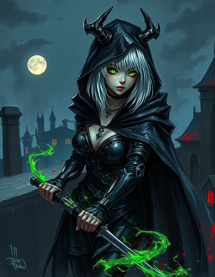 stealthy anime female assassin on a gothic rooftop at night, shoulder‑length silver hair, green eyes, black leather demonic armor, cloak, hidden blades, swirling green energy ribbons, shadow effects. neo‑expressionism style: aggressive figuration, raw brushwork, distorted anatomy, emotionally charged color, heavily worked surfaces, layered, deliberately crude, visceral impact.