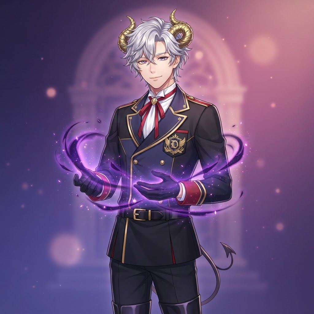 original demon original character, otome game anime style, silver haired young man in a devildom academy uniform, golden horns, calm smile, dark purple magic glow around his hands, clean soft gradient studio background, vibrant, crisp high detail, digital illustration, no text, no words