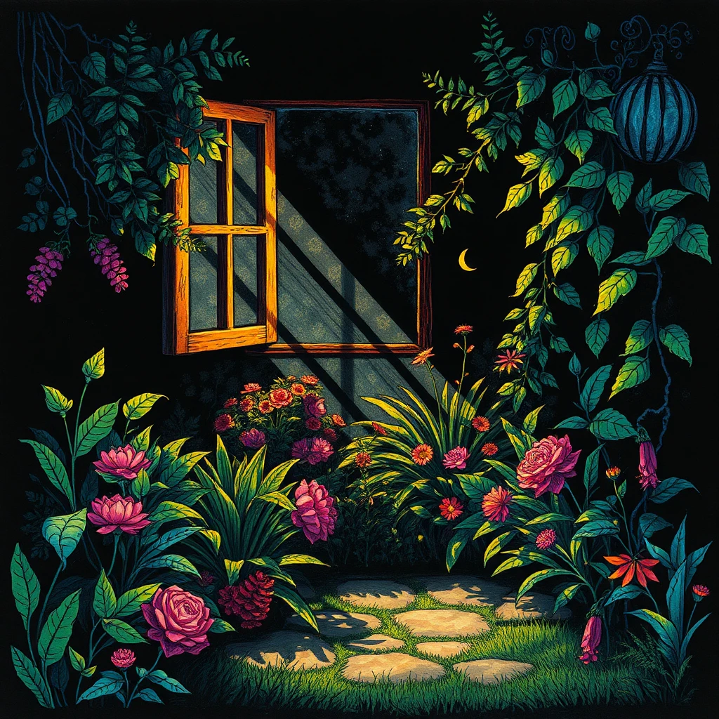 in the midst of a serene nocturnal garden, under the soft glow of window-slat light casting striped beams across the lush greenery, delicate, hand-drawn gel pen illustrations dance across the matte black background. **coloured gel pens on black** take center stage with their vibrant pastel and neon hues created from fine point gel pen ink drawing, intricately crafted to evoke an atmosphere of **naivety and simplicity**. a whimsical spirit of narrative storytelling unfolds in this **scenario built from fine point gel pen ink** as prominent outlines and details are implied through fluid line work, reminiscent of deccani art, with touches of **midnight blue**, **dusky purple**, **rich gold**, and **warm flesh tones**. **lush garden setting** unfolds before us, complete with **lavish gold ornamentation**, **jewel-like textiles**, and the quiet beauty of a rural evening. transposed upon this romantic backdrop, elements of bamboccianti's art style reveal themselves in a palette of **earthy naturalism**, **raw sienna**, **burnt umber**, and **warm ochre**, accented with muted red and blue, as if infused with **amber atmospheric light**. delicate brushstrokes and textures whisper tales of **informal anecdotal composition**, while **raking sunlight** casts long, ethereal shadows, inviting the viewer to step into this mystical world.
