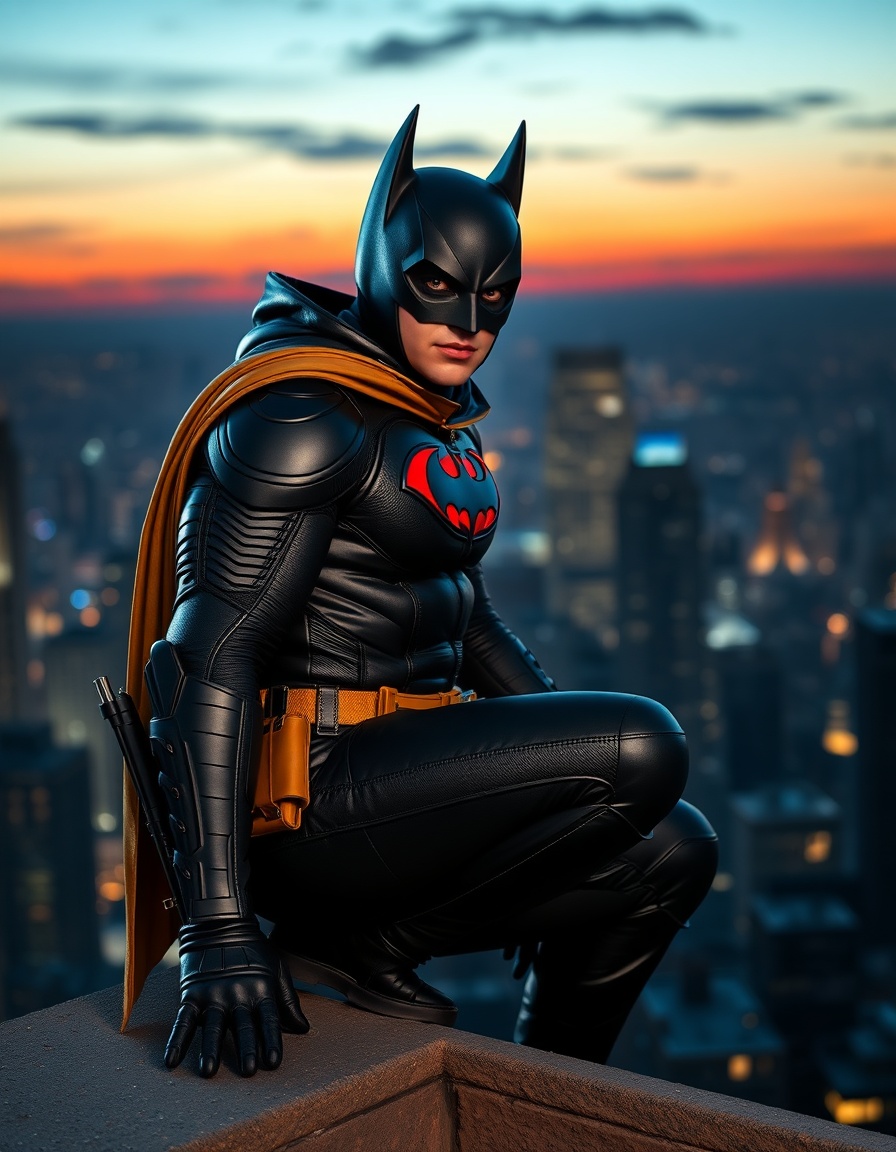 a masked vigilante inspired by the courageous spirit of robin, the trusted sidekick of batman, perched on a gotham city rooftop at dusk