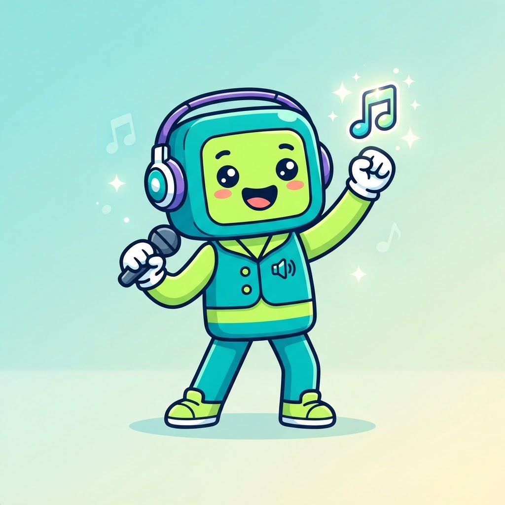 cute simple music-game character, rounded blocky head shape, teal and lime body, big friendly eyes, tiny headphones, singing pose with a music note, flat cartoon style, full body, clean soft gradient studio background, vibrant, crisp high detail, digital illustration