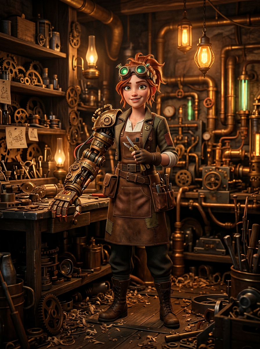Original character for The Gaslight District: a steampunk inventor with brass goggles and a mechanical arm, full body, stylized 3D animation, cluttered workshop of gears and pipes, warm amber light