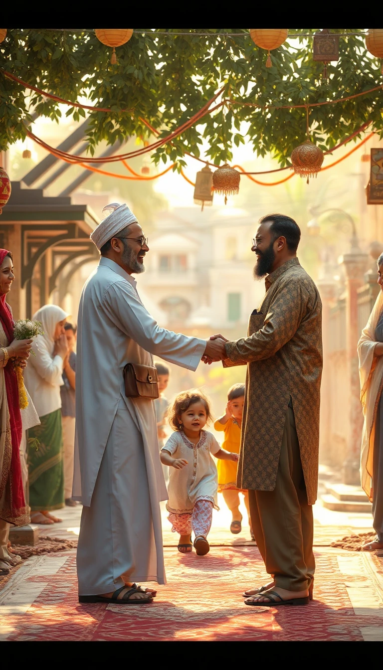 Realistic cinematic Eid scene in a beautiful Muslim neighborhood during daytime, people wearing traditional Pakistani Eid clothes, smiling and hugging each other warmly after Eid prayer, two men forgetting their differences and shaking hands emotionally, children happily running around, families meeting with love, soft sunlight, festive Eid decorations, peaceful Islamic atmosphere, emotional expressions, natural character movements, camera slowly moving forward, ultra realistic, high detail, 4K, warm colors, mobile vertical format 9:16, smooth animation, joyful and heartwarming mood.”