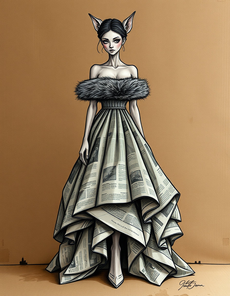 female anthropomorphic fashion model in a strapless fur‑trimmed gown with an exaggerated a‑line skirt of folded newspaper stands before a massive wall‑sized canvas, rendered in a mixed up lines style: loose, faint pencil and ink lines visible and imperfect, layered with angular brushstrokes and faceted planes of paint. the palette is subdued, warm browns, ochres, soft grays and desaturated skin tones, giving a raw, tactile feel on rough cardboard texture. subtle natural lighting emphasizes structure, while the background shows original brown cardboard with an unfinished impression at the bottom. high‑contrast ink outlines preserve the dramatic silhouette, and tiny ember pinpoints sparkle on the painted surface.