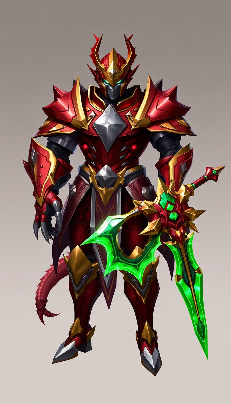 Highly detailed fantasy character illustration of a humanoid armored warrior in red, gold and silver dragon‑themed armor, standing in a strong, confident pose against a simple neutral background. The armor covers the entire body with sharp, angular plates: deep red as the main color, gold trim along the edges and a silver central chest plate framed by gold. The helmet has a dragon‑like motif with a crown‑like golden crest rising from the top and a faceted, gem‑like visor that hides the face. The shoulders are large and ornate, with red and gold angular pauldrons that extend outward. The left arm is encased in a massive, clawed gauntlet with jagged, draconic shapes and glowing green accents, ending in sharp talon‑like fingers, as if it were a dragon’s claw turned into armor. The right arm wears a more conventional but still ornate red‑and‑gold gauntlet and holds a long, jagged sword with a vivid green blade and gold edges, the blade shaped like a crystalline or energy weapon with irregular, tooth‑like serrations. The legs are heavily armored with red plates, gold trim, pointed knee guards and angular greaves that match the upper body design. The materials look metallic and polished, with strong highlights on the red and gold surfaces and a luminous quality to the green blade and gauntlet details. The overall style is polished, high‑contrast fantasy concept art, combining heroic and slightly villainous energy in a powerful dragon‑knight or boss‑character design. 9:16 aspect ratio.