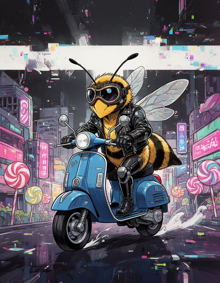 a flamboyant, anthropomorphic bee clad in a miniature leather jacket and goggles, rides a tiny vespa through a vibrant, candy-colored cityscape, its heavy ink lines and thick dark character outlines now replaced by sharp, high-contrast vector lines and flat shading, with bold, vibrant colors and stark chiaroscuro dominating the scene, as if plucked straight from a high-tech anime comic. the cityscape's candy-colored hues are now fragmented and distorted, with glitch art and chromatic aberration effects casting a futuristic, cyberpunk glow, while the darkened background above the luminous band is now a stark, high-key expanse of bright whites and deep blacks, with the vespa's mechanical components rendered in high detail and the bee's leather jacket and goggles transformed into sleek, high-tech armor.