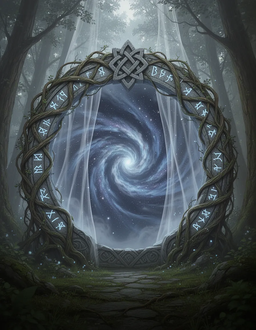 in the very midst of a serene, mystical forest, a breathtaking portal materializes as an ornate, circular gateway, its frame intricately woven with twisted, ancient vines that creep and curl around carved stone runes that gently radiate a soothing bluish-white luminescence. the majestic portal's entrance, framed by an enchanting halo of interlocking stone, stretches upwards like a celestial gateway, beckoning all who lay eyes upon it to step into its mysterious expanse.
at the heart of the portal lies a captivating swirling vortex, eerily reminiscent of a liquid night sky in constant motion, as streaks of twinkling stars blur and blend with swirling mists that churn and eddy in hypnotic, sinuous dance, evoking echoes of untold, otherworldly landscapes and realms beyond mortal comprehension, their ethereal beauty glimpsed but briefly, through slivers of translucent veils.