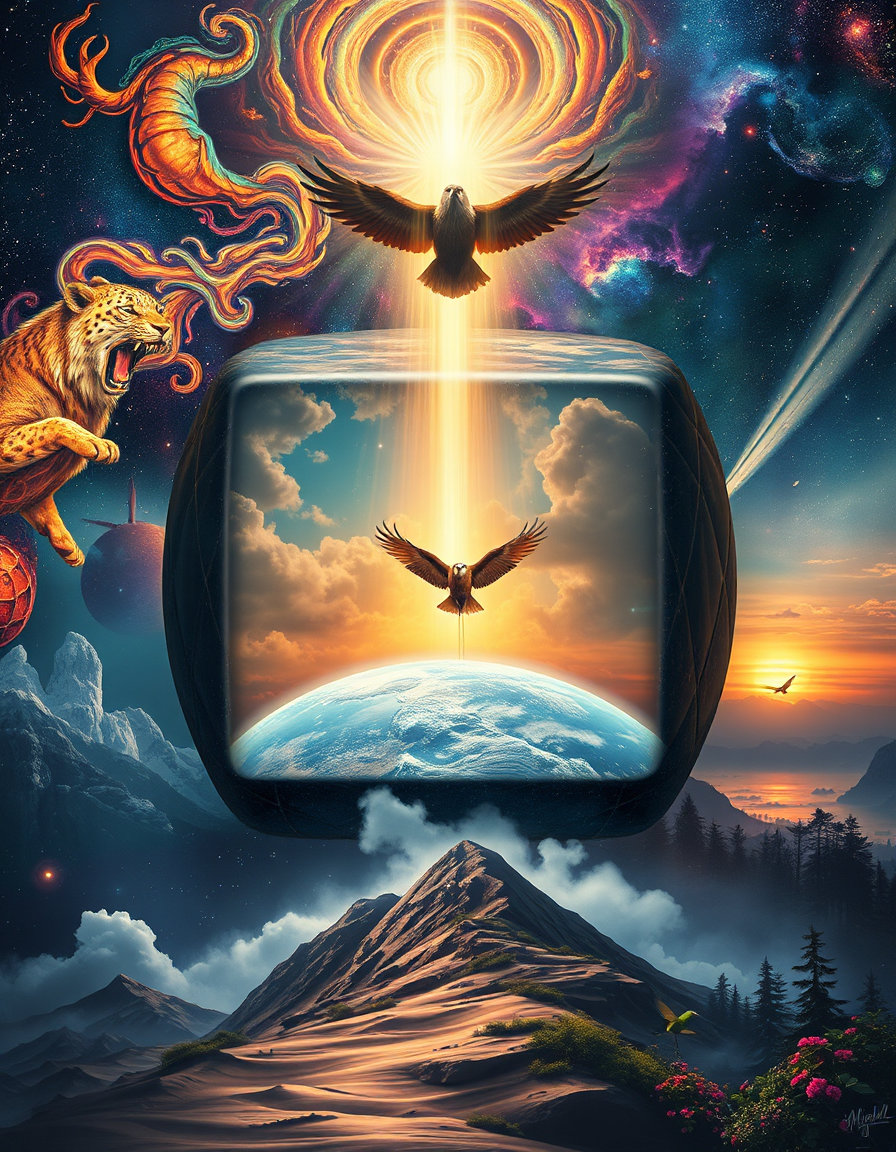 a vast cosmos filled with swirling galaxies and nebulae, a radiant being of blinding light descends upon a desolate planet. anguished faces of mortal beings look up in awe and desperation. ethereal art style, with intricate details that evoke a sense of otherworldly power and grace. canvas of five interlinked scenes, laid out like a 5-sided die. each scene expresses a unique thematic contrast through distinct subjects, colors, and emotions. the four outer images smoothly morph into one another, while the center image stands out in mood, style, and composition. overall tone is ethereal and dreamlike. a tranquil forest glade melting into a thunderstorm. a mountain lion watches from snowy alpine cliffs. a vibrant carnival fading into a desolate street. an eagle glides above stormy shores. friends reunite in joy, then part at a train station. a bear wades through lush rainforest. a dance party dims into a quiet room. a desert fox prowls sunset sands. a mountain peak with an eagle soaring, a symbol of freedom and strength. blended vignettes of arctic wolves howling, a tropical dolphin mid-leap, a leopard hunting through savannah, a butterfly drifting across grasslands, an elk standing tall in a dark forest, and a hummingbird dancing through wildflowers.
