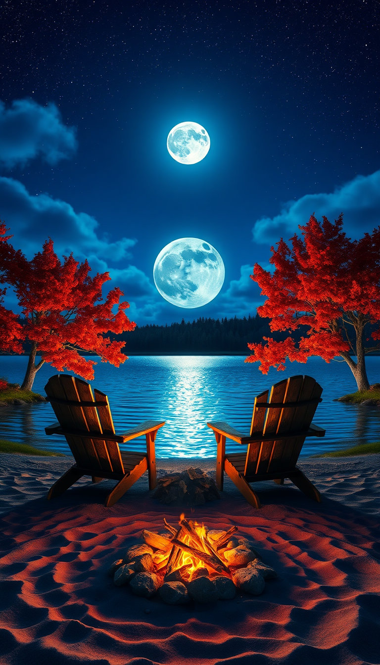 An ultra-detailed fantasy moonlit lakeside landscape at night, featuring a massive glowing full moon centered in a deep sapphire-blue sky. Soft luminous clouds surround the moon, creating a magical celestial frame. Thousands of sparkling stars are scattered across the sky. Below, a calm crystal-clear lake perfectly reflects the moonlight, forming a shimmering silver pathway across the water. On both sides, elegant autumn trees with vibrant red-orange leaves create a natural frame. In the foreground, two rustic wooden Adirondack chairs face the lake beside a cozy campfire encircled by smooth stones. The warm orange firelight contrasts beautifully with the cool blue moonlight, casting realistic shadows on the sandy shore. Distant dark pine forests line the horizon, adding depth and mystery. Cinematic composition, dreamy atmosphere, volumetric moon glow, ultra-realistic reflections, atmospheric lighting, fantasy realism, breathtaking nature scenery, highly detailed foliage, HDR, 8K resolution, masterpiece quality, sharp focus, tranquil mood, magical night ambiance, professional digital art, award-winning landscape photography style, perfect symmetry, immersive moonlight aesthetic.