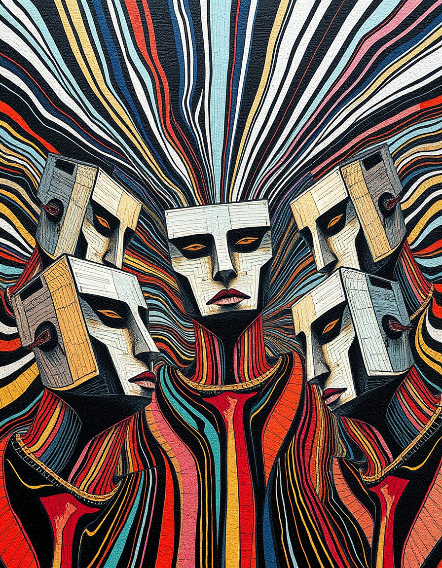 a dynamic abstract mosaic of six compact kinetic figures arranged in a curved central line, bold sweeping lines and pulsating colors evoke machinery and musical rhythm, square heads softened by subtle texture, layered panels and swirling patterns create energetic motion, rendered with a dutch angle tilt, diagonal tension and skewed horizons amplify destabilized composition, exaggerated vanishing points and converging architectural lines heighten psychological unease.