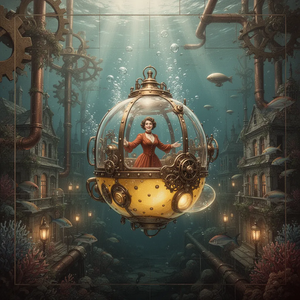 in a setting of nostalgic victorian steampunk splendor, a majestic, intricately detailed, single-seater steampunk "half-capsule" submersible asserts its presence, hovering in the center of a richly composed square grid. the submersible's transparent glass dome top elegantly encases a luminous, polished brass framework, featuring gleaming copper pipes, delicate brass rivets, and an array of intricate gears that blend seamlessly with the overall industrial aesthetic. below, a vibrant bright yellow metallic hull with an iridescent sheen sets off the rest of the contraption, punctuated by a sprinkling of steampunk-inspired detailing.
inside this futuristic marvel, a figure clad in a radiant rust-orange outfit radiates warmth and excitement, standing out vibrantly amidst the clear glass cockpit that showcases the underwater environment with unparalleled clarity. amidst a backdrop of deep blue-green water, shafts of heavenly light filter down, bathing the scene in an ethereal glow, while air bubbles rise chaotically around the submersible, as if bursting forth with the sheer dynamism of the moment.
the atmosphere is that of a submerged steampunk city, teeming with life and activity in the dimly lit depths. towering brass gears and copper pipes stretch towards the surface like skeletal fingers, while vibrant coral overgrows crumbling victorian-era structures, lending an air of mystical grandeur to the setting. in the distance, tiny blimp-like submarines dot the horizon, their silhouettes a testament to the ingenuity of the steampunk engineers. fish and other marine creatures dart through the water with reckless abandon, their iridescent scales glinting in the fading light.
the overall color palette is a masterful blend of sepia-toned elegance and the bright, vibrant hues of the steampunk utopia, ranging from the deep mahogany of weathered wooden beams to the intense golden glow of the underwater city's luminescent lights. this harmonious balance of past and present is accentuated by the crisp, clean lines of the submersible and the cityscape, imbuing the image with a sense of dynamic balance and adventurous spirit, all set against the dramatic backdrop of a cinematic square composition.