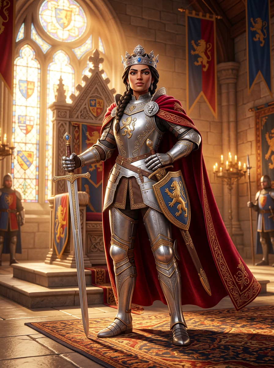Original character for Knights of Guinevere: a noble queen in a crimson cape and silver crown in a regal pose, full body, stylized 3D animation, throne room background, golden light
