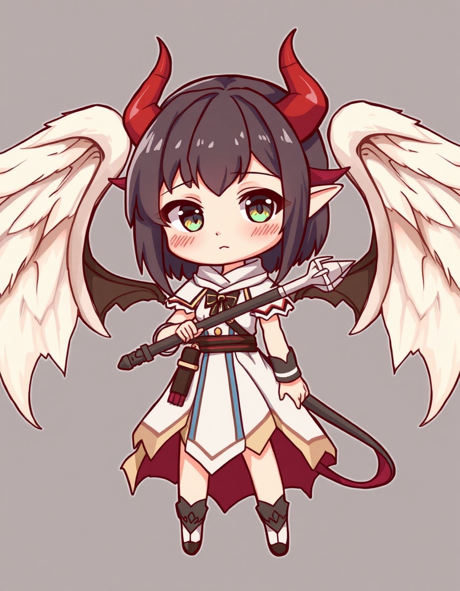 Simple female chibi warrior with both angel wings and demon horns
