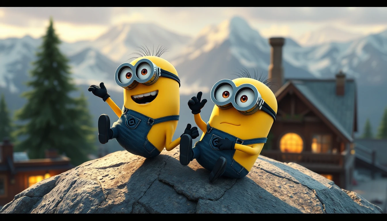 Illumination's Minions—specifically Stuart and Kevin—playing together on a mountaintop and rolling around at Gru's house from the movie *Despicable Me*.
