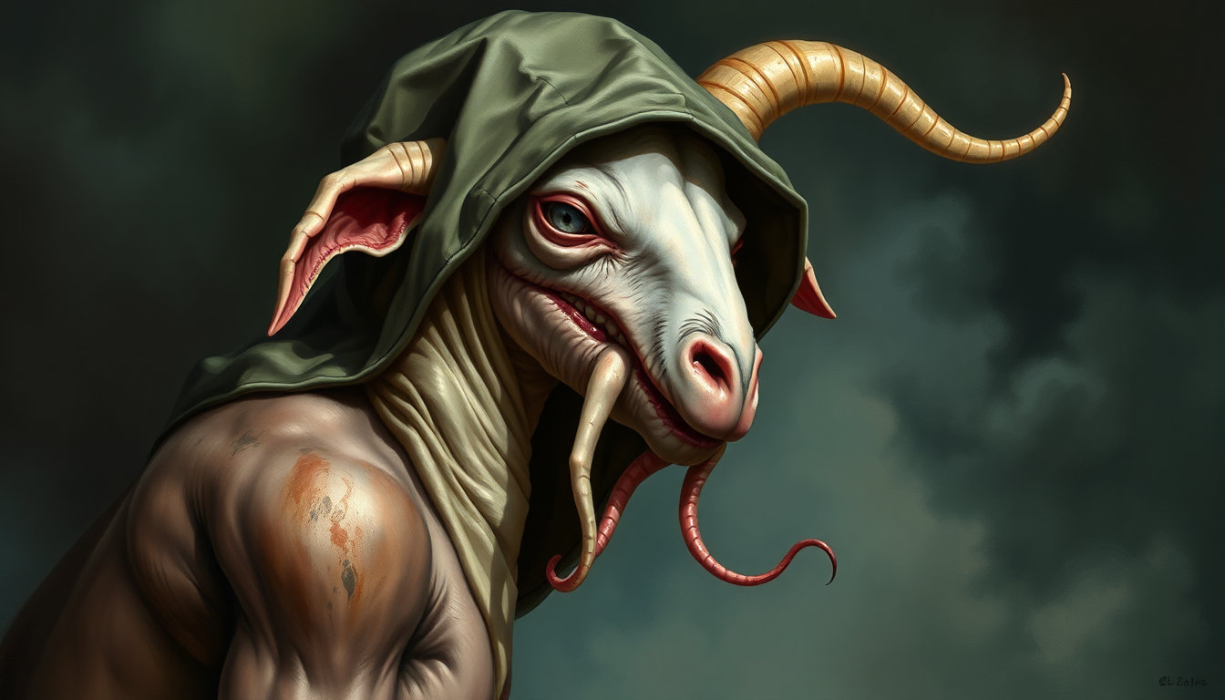 a vibrant painting with vintage lines and hard-cel shading, in the style of j.c. leyendecker, featuring high-contrast colors, rendered as a digital oil painting with a painterly finish. emphasis on fine brushwork, layered glazes, and natural texture. a grotesque farm animal creature, depicted with enhanced smooth, detailed brushwork, in a serene, contemplative mood. soft diffused light casts gentle shadows emphasizing its twisted, elongated body and subtle, pulsating tumors. muted earth tones, subtle greens, and soft pastels color the diseased surfaces in a dreamlike harmony. a delicate otherworldly mist swirls through a dark gothic-inspired background. a creepy faceless man, with a hood and pale tentacles peeking out from the dark where his face should be, is the subject. the camera is set at a precise 42 mm focal length, capturing a medium shot that feels both hyper-realistic and highly stylized, balancing precise oil-style strokes with exquisite elements of fantasy illustration and subtle texture, skillfully highlighting the mystery and subtle horror.