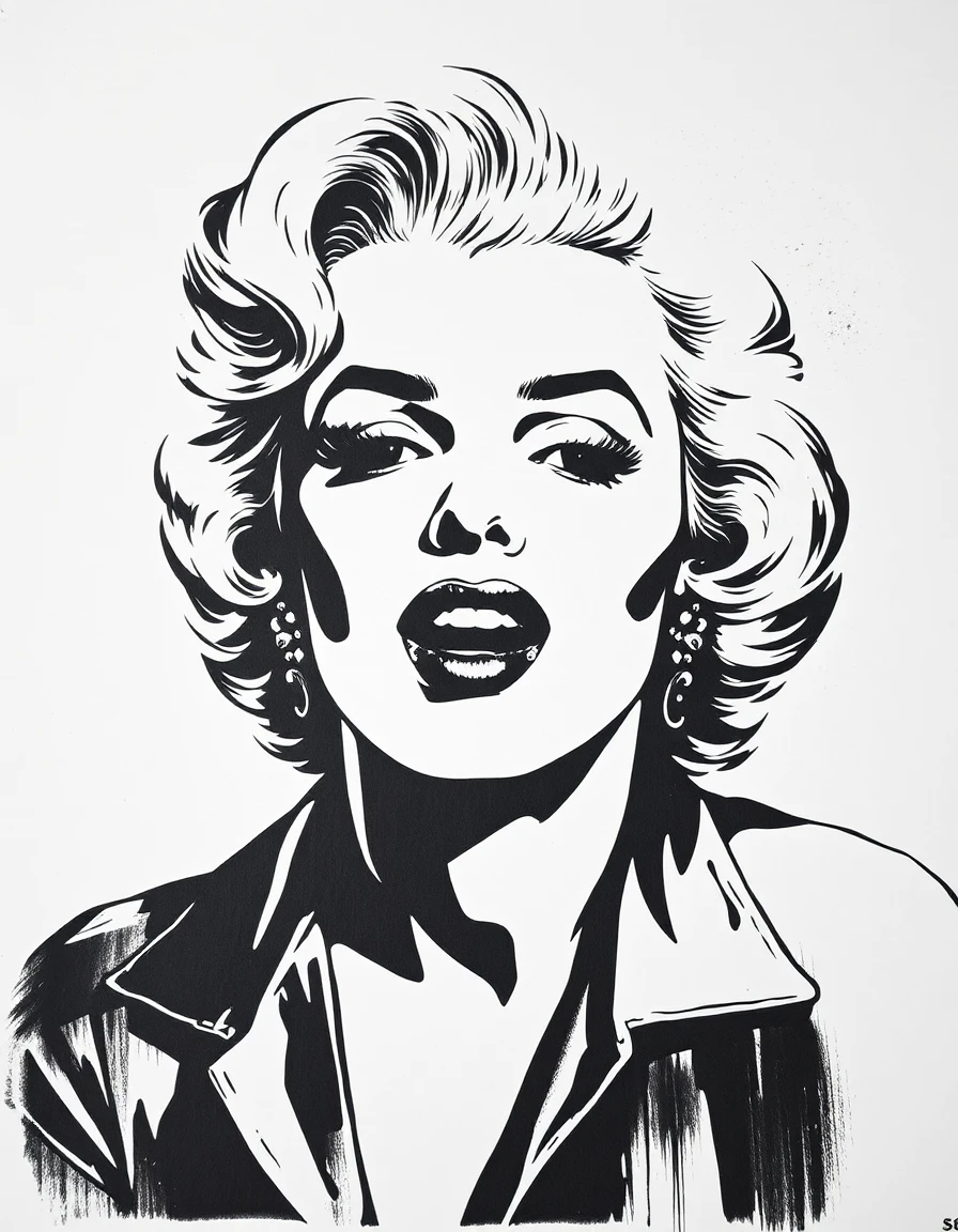 Create pop art on this exact image, add realistic spray paint tag graffiti and Marilyn Monroe In black and white cut n paste with a white news paper outline