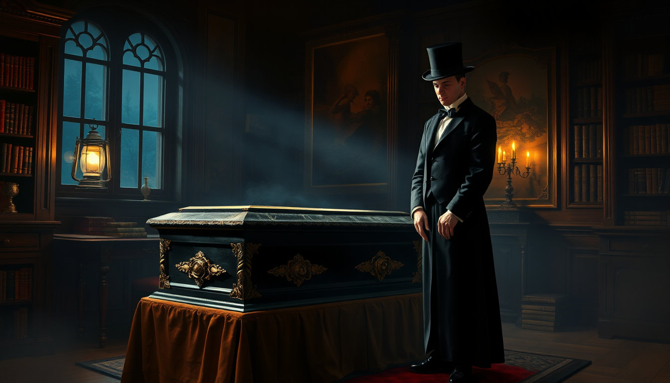 a dimly lit, victorian-era mourning chamber serves as the primary setting, illuminated by a lone, flickering gas lamp casting long shadows on the opulent, dark-wooden furnishings. the atmosphere is thick with the scent of old books and the musty smell of long-forgotten memories. in the foreground, a solemn, yet eerie still life of a vintage, ornate casket sits atop a dusty, velvet-covered pedestal, its intricate, golden hardware gleaming in the faint light. the background, a masterfully crafted, matte painting, subtly transitions from deep, midnight blues to rich, burnt oranges, evoking the feeling of a fading, autumnal evening. against this haunting backdrop, a single, elegantly dressed figure stands frozen in time, frozen in a perpetual state of mourning. clad in a long, black, victorian-era suit adorned with a white shirt, a black tie, and a black, top hat, the figure's eyes are closed, as if lost in thought or beset by the weight of their grief. the skin, a testament to the masterful, hyper-realistic detail of the digital oil painting style, appears almost translucent in the dim light, with a subtle, powdery sheen that hints at the delicate, handcrafted nature of the paintery medium. the entire scene is infused with the vibrant, high-contrast colors and classic, graphic novel sensibilities of j.c. leyendecker's style, while the digital oil painting aesthetic brings a level of depth and realism that transports the viewer to a bygone era. even the smallest details, from the intricate patterns on the casket's lid to the delicate folds of the figure's suit, are rendered with utmost care and attention to detail, imbuing the image with a sense of nostalgic, old-world charm.