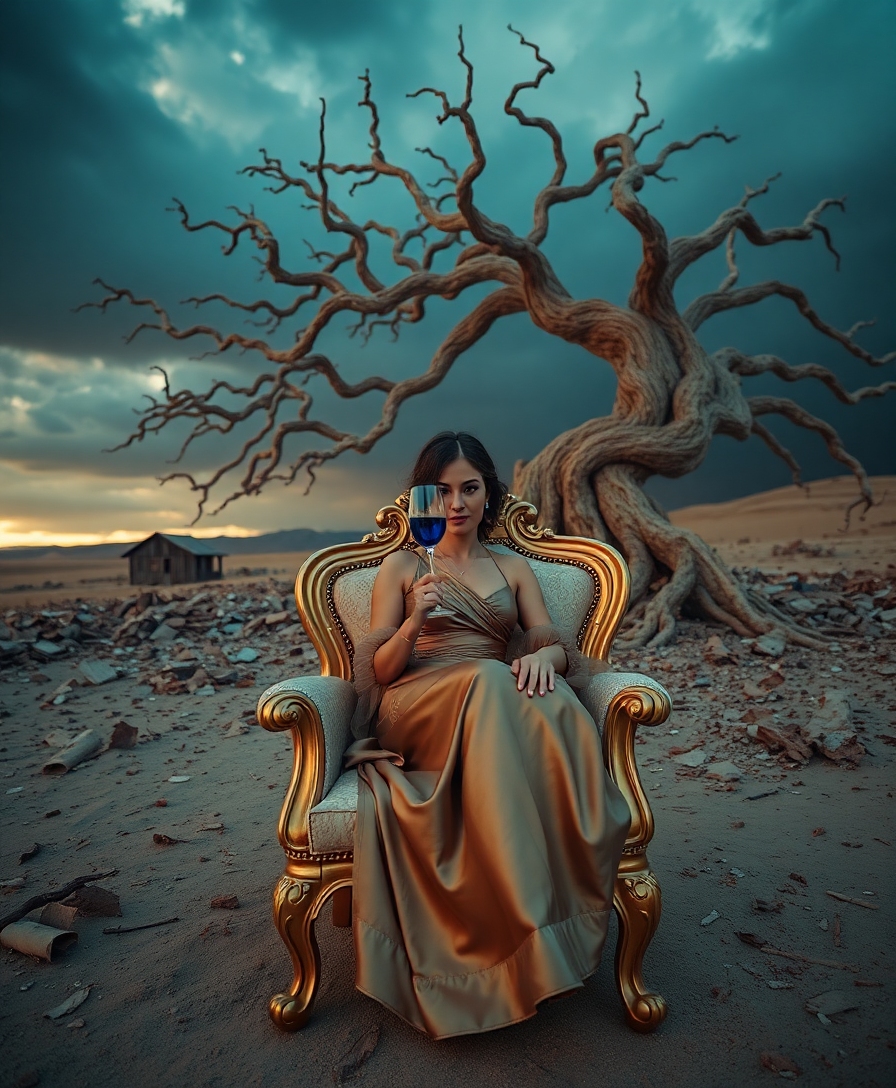 a surreal rosa do deserto scene of a lone woman seated on an opulent golden chair with pearl‑and‑opal inlay, placed in a desolate city dump under a storm‑heavy sky, captured from a wide‑angled perspective. behind her, an intricately twisted light‑brown organic wood tree spirals upward, its branches framing a distant nostalgic wooden house. the woman wears a stunning satin dress and holds a delicate slender glass of blue wine, her focus intimate amid recycled‑material textures and pale vintage tones. baroque tapestry stitching hints at rich threads, while the empty horizon glows with optimistic pastel light, emphasizing the profound emptiness and animated, vintage aesthetic.