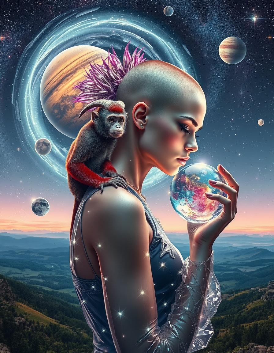 a cosmic vista unfolds, with an breathtaking celestial galaxy as the backdrop. the dominant feature of this extraterrestrial landscape is a majestic, swirling solar system, crafted entirely out of translucent, hand-blown glass. each planet and moon is intricately rendered in exquisite detail, suspended amidst a sea of shimmering, iridescent glass particles that appear to dance in the celestial breeze. against this ethereal setting, a striking figure emerges, a woman with a bold punk aesthetic. her shaved head is adorned with a vibrant array of colorful, electric hair clippings, which ripple and flow in the same celestial currents as the glassy solar system. seated upon her left shoulder is a majestic, horned monkey, its fur a mesmerizing blend of purple, blue, and silver hues, as if infused with the very essence of the glass cosmos. in her right hand, the woman cradles a delicate, crystal orb, its facets glinting with a light that seems almost otherworldly. the orb appears to be made of the same translucent glass as the solar system, as if it is a miniature, terrestrial manifestation of the celestial wonderments above. upon the distant, starry horizon, a terrestrial landscape stretches out, a patchwork of rolling hills, verdant forests, and crystal-clear waters, all rendered in minute detail, as if crafted from the same glassy substance that gives this celestial realm its wondrous form.