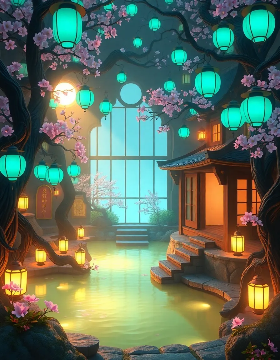 "a majestic, glowing, and labyrinthine ghibli-inspired bathhouse in the style of 'spirited away' stands in the center, surrounded by a lush, vibrant environment with softly lit, intricate details and seamlessly blended fantasy elements. vibrant blue-green lanterns hang from twisted, gnarled trees, and delicate cherry blossoms bloom in every color of pastel. the bathhouse is in a world where gentle morning sunlight filters through the windows, casting warm, ethereal light on a serene traditional japanese garden, softly lit with an otherworldly blue-green glow that blends into the surrounding environment. on the other side of a beautifully crafted, antique-style shoji screen, a tranquil serene traditional japanese garden exists."