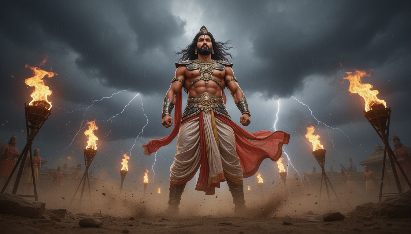 Ashwatthama standing tall under stormy sky, taking revenge oath, strong warrior posture, muscular Indian body, dhoti and kavach moving in wind, fire torches burning around him, dark clouds and lightning in sky, dust blowing, cinematic low angle shot, dramatic lighting, epic Mahabharata feel, ultra realistic 8kโโ, Indian mythology Mahabharata era, no western elements, 8kโ