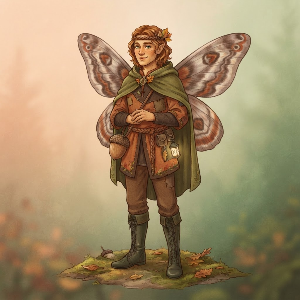 original character design of an adult male fairy fully clothed in autumn orange and brown tunic and trousers, soft moth wings, acorn satchel, full body standing pose, wholesome storybook style, clean soft gradient studio background, vibrant, crisp high detail, digital illustration, no text, no words, no watermark