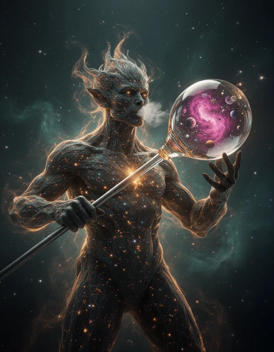 a majestic cosmic entity made of dark matter and sparkling starfields, its vast, luminous form drifting in the endless void of space, performing traditional glassblowing with precise, graceful gestures: lips sealed around the mouthpiece of a long, hollow metal blowpipe, both hands firmly grasping the pipe as a steady stream of breath travels down its length. at the far end of the blowpipe, a glowing, inflating bubble of molten glass expands outward, a translucent sphere of hot glass containing a miniature universe of swirling magenta nebulae, tiny sparkling galaxies, and the fiery birth of small planets, all visible within the crystal‑clear interior. the scene is framed in a cinematic wide shot, camera positioned low and looking up at the entity, capturing the dramatic connection between breath and glass. lighting is hyper‑realistic volumetric, with radiant glows emanating from the molten glass and soft nebular light filtering through the dark‑matter body, creating intense rim lighting and deep shadows that emphasize the high‑contrast interplay of bright highlights and deep black voids. the environment is a stark, star‑filled space with subtle dust hazes and faint nebular fog, adding depth and atmosphere. color grading leans toward a teal‑orange cinematic palette, muted yet warm gold highlights on the glass, while the magenta nebulae pop with saturated vibrancy. the image is rendered with ultra‑high definition, 8k resolution, 32k textures, pbr materials, and unreal engine 5.4 quality, featuring ray‑traced global illumination, ambient occlusion, sharp micro‑details on the entity’s dark‑matter texture, and crystal‑clear glass surface overlay. the glass sphere is rendered as perfect crystal, with transparent, reflective surfaces, specular micro‑highlights, and volumetric light bounce inside, creating a glossy, wet appearance. the overall mood is awe‑inspiring and mystical, emphasizing the negative space of the surrounding void, the stark contrast between light and darkness, and the exquisite detail of the glassblowing process.