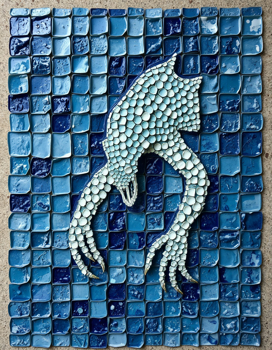 klalindnoy entity creature design, grid mosaic layout of tight uniform cells forming a cohesive whole, encaustic wax painting with luminous layered surfaces and burnished highlights, gritty sandy texture suggesting raw erosion, icy blue, frosted white, steel gray, deep navy, cool lavender, silvery teal palette.
