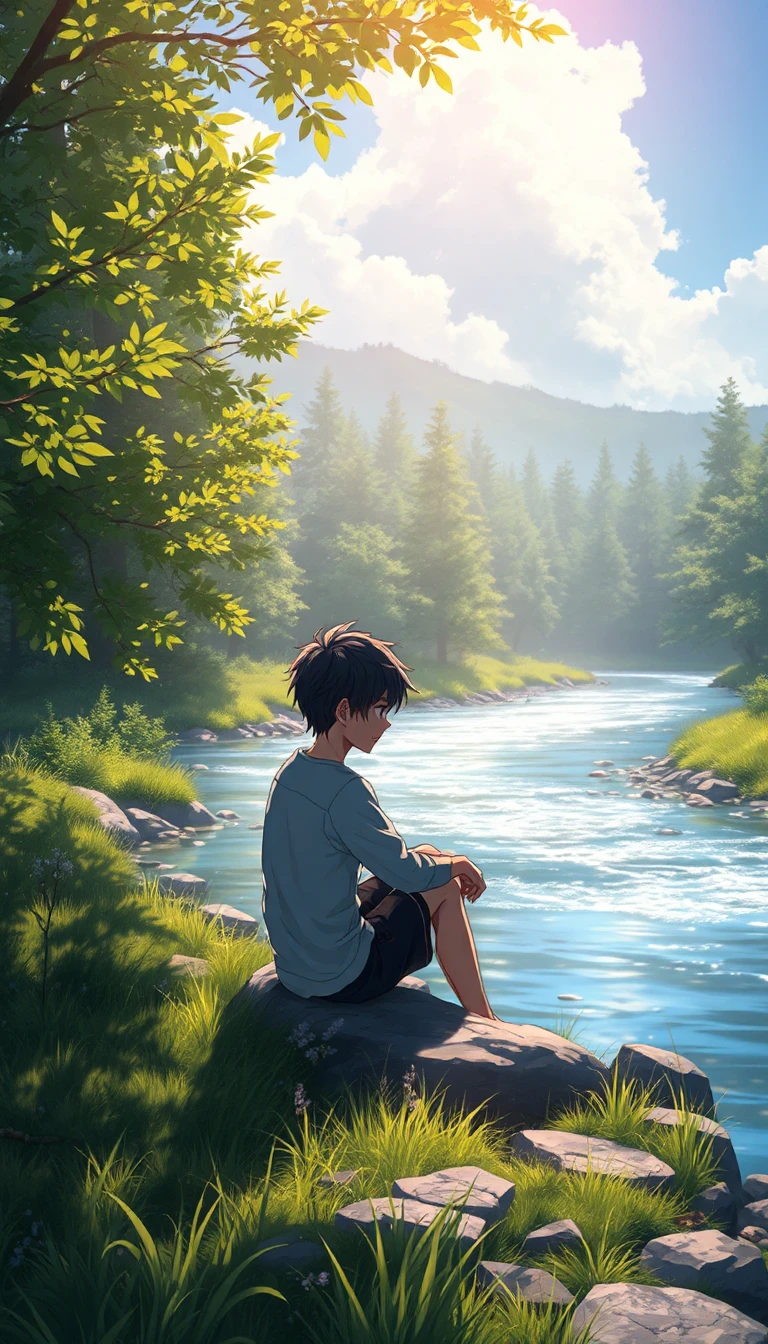 A lone anime boy sitting beside a flowing river in a beautiful forest, wind gently moving his hair and clothes, leaves and grass swaying, soft sunlight rays, emotional and peaceful mood, ultra detailed anime art, realistic lighting, reflections in water, clouds slowly moving in sky, Makoto Shinkai inspired scenery, 8k resolution, masterpiece, best quality, cinematic composition