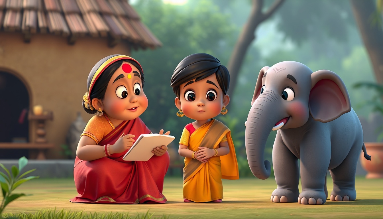 Dadi Amma character explaining story
Mohans character Gudiyas character listening
Neelu the elephant character standing peacefully
warm emotional scene
3D animated cartoon style
Pixar inspired but original
soft lighting
rounded shapes
child friendly
bright colors
high quality 3D render
cinematic camera
consistent character design
Indian village environment
no text
no watermark