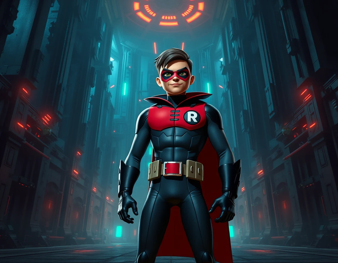 realistic robin from teen titans go standing confidently in a sprawling, massive headquarters hidden beneath jump city, the base exuding an imposing, ominous atmosphere with dark, jagged architecture, towering steel columns, flickering neon lights, and shadowy corridors that suggest powerful, eerie technology; robin’s iconic crimson mask and blue tactical suit are rendered in photorealistic detail, his posture heroic yet hinting at a menacing edge, while the surrounding environment combines grim industrial design with subtle futuristic elements, creating a striking contrast between the well‑known hero and the intimidating, powerful base he commands.