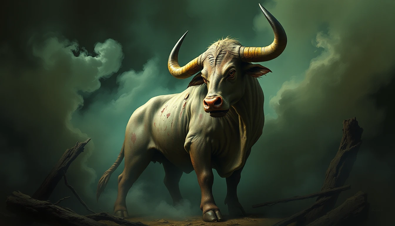 in a dramatic, high-contrast composition reminiscent of j.c. leyendecker's vibrant and detailed illustrations, we find ourselves amidst a richly detailed environment that seamlessly blends the fantastical and the sinister. a digital oil painting style dominates the scene, imbuing every element with a sense of hyper-realism and depth. the paintery medium's attention to handcrafted painterly finish, layered glazes, and natural texture adds an air of authenticity, as if the very strokes of a brush came alive in the digital realm. in this haunting tableau, the plague farm creatures subject takes center stage, a grotesque yet serene fusion of a man and bull, a minotaur monster born from some dark and troubled myth. the creature's twisted, elongated body appears to be a testament to its suffering, its diseased surfaces subtly illuminated by soft pastel hues that evoke a dreamlike atmosphere. subtle greens and muted earth tones blend together in harmony, while an otherworldly mist swirls through the dark, gothic-inspired background, heightening the sense of mystery and subtle horror. the delicate camera work, set at the precise 42 mm focal length, captures a medium shot that allows us to witness the creature's haunting presence from a calculated distance. the strokes of the digital oil painting are precise yet exquisite, balancing the fantasy elements with a skillful attention to texture and subtle detail. amidst this eerie, atmospheric setting, the minotaur monster stands as a masterclass in the eerie, the unsettling, and the hypnotic, an unforgettable fusion of fantasy and horror that lingers in the viewer's mind long after the image fades away.