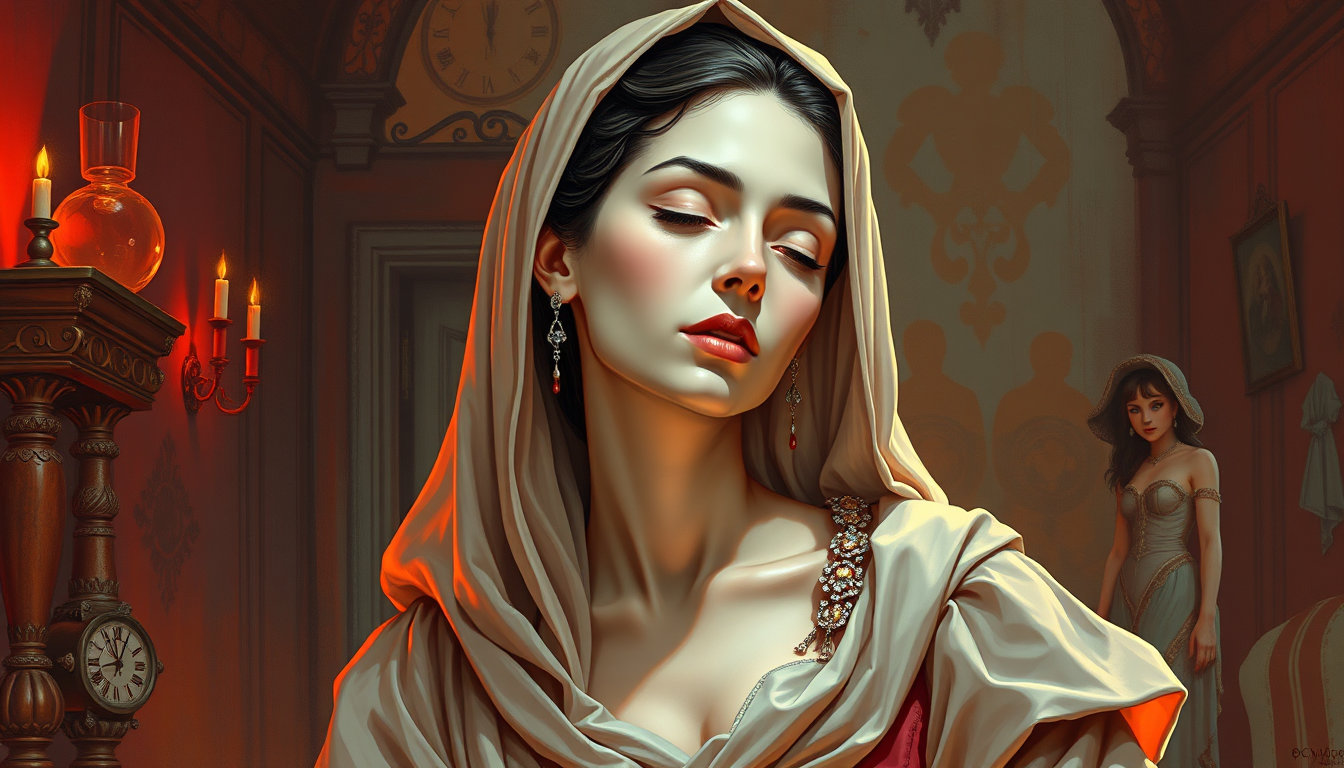 j.c. leyendecker inspired vibrant painting with vintage line work, featuring bold hard‑cel shading and striking 80s graphic‑novel high‑contrast colors, rendered in a vivid, retro palette; a hyper‑realistic digital oil painting style that emphasizes rich, luminous pigments and glossy brushstroke texture; a handcrafted digital painting with a painterly finish, showcasing fine brushwork, layered glazes and natural texture, giving the background a matte‑painting sensibility while the characters are refined to concept‑art quality; a haunting figure of a mother with a completely smooth, featureless blank face, her skin smooth and pale, body draped in flowing, slightly tattered vintage clothing, posture slightly hunched, surrounded by an eerie, dimly lit environment that enhances the unsettling yet artistic atmosphere.