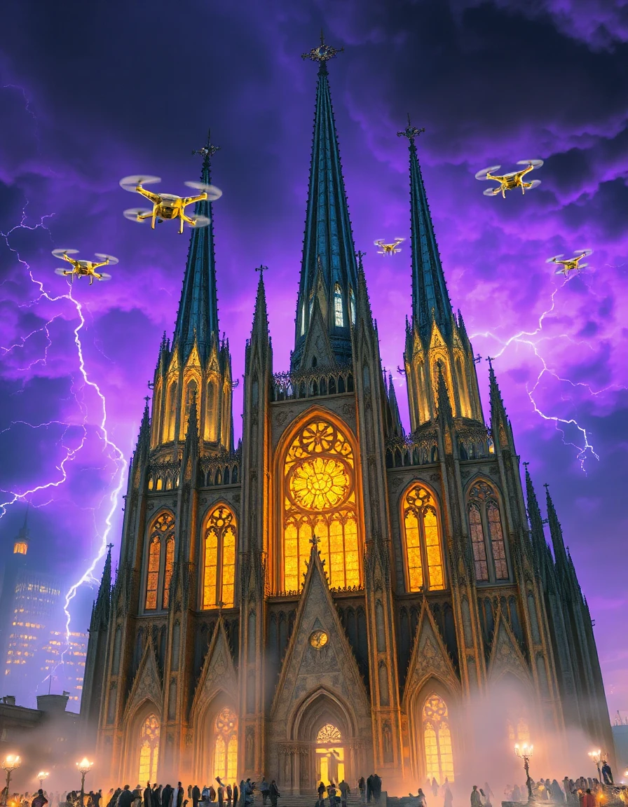 Towering cathedrals of chrome and glass stretch into violet storm clouds. Flying drones shaped like seraphim drift through glowing stained glass windows that pulse with data instead of saints. Lightning forks across metallic spires. The architecture merges Notre-Dame elegance with Blade Runner futurism: flying buttresses become solar conduits, gargoyles become security drones with golden eyes. Mist rises from glowing streets below as worshippers in luminous robes gather at digital altars. The entire composition feels sacred and alien — a Gothic dream reimagined by machines, where faith has become circuitry and beauty burns with cold precision.