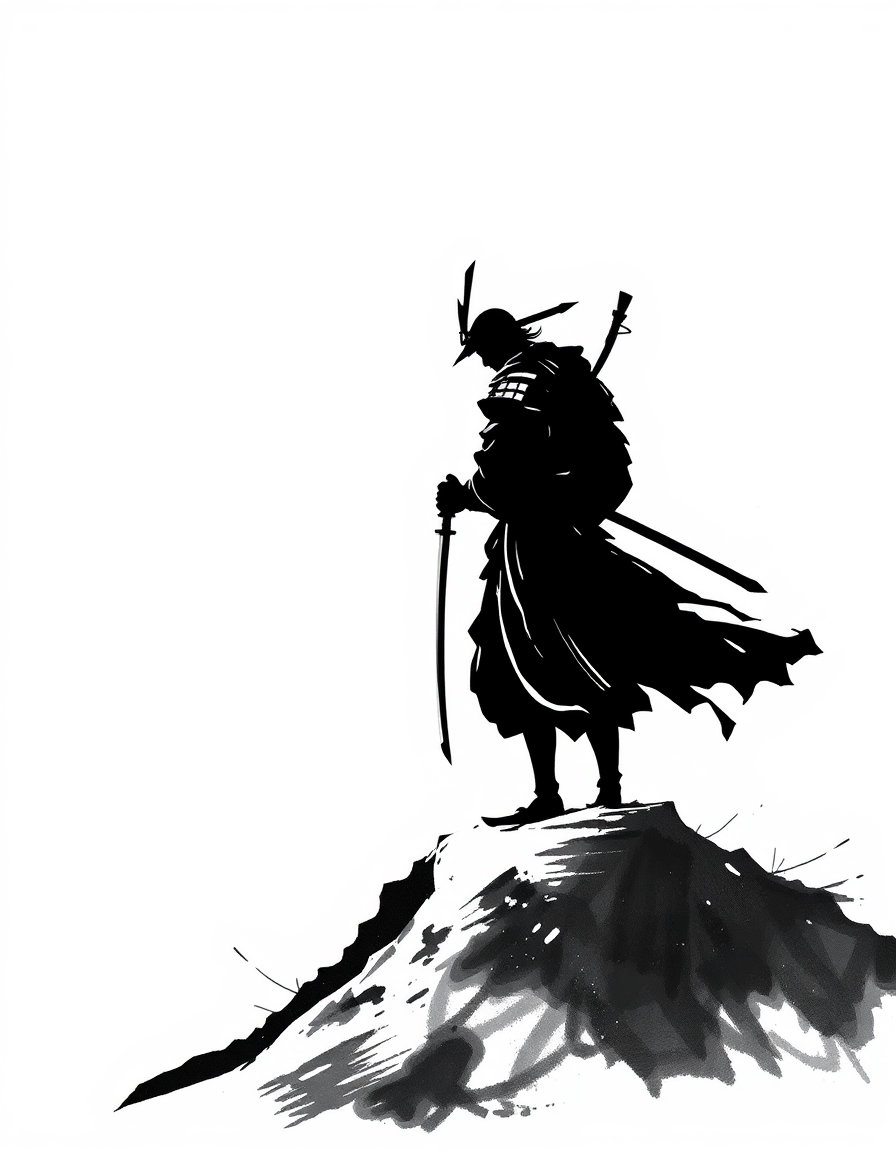 A lone samurai stands atop a windswept hill, drawn entirely in bold sumi-ink strokes. COMPOSITION: strong black silhouette with only three values—deep ink, mid-gray wash, and white paper negative space. LIGHTING: implied backlight created solely through untouched white paper around the figure. STYLE: anime-sumi hybrid—thick calligraphic lineweight, dry-brush artifacts, and controlled splatter halos behind the blade. The sky is a single diluted wash fading to pure white. MOOD: stark, elegant, meditative.