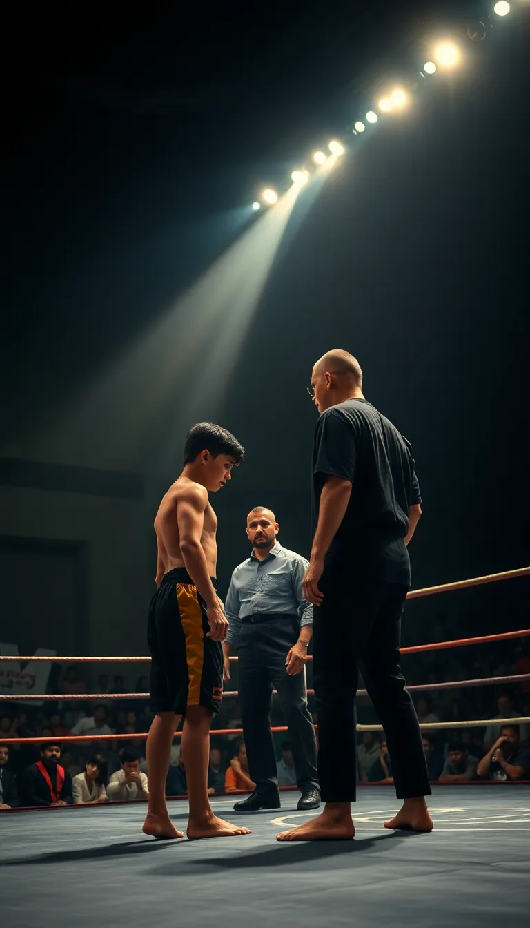 Prompt:
Cinematic martial arts tournament scene, young fighter standing barefoot on a competition mat inside a crowded arena, opponent facing him, referee between them, spotlight lighting from above, crowd blurred in background, dramatic tension, cinematic color grading, ultra-realistic, inspirational sports movie still, 4K