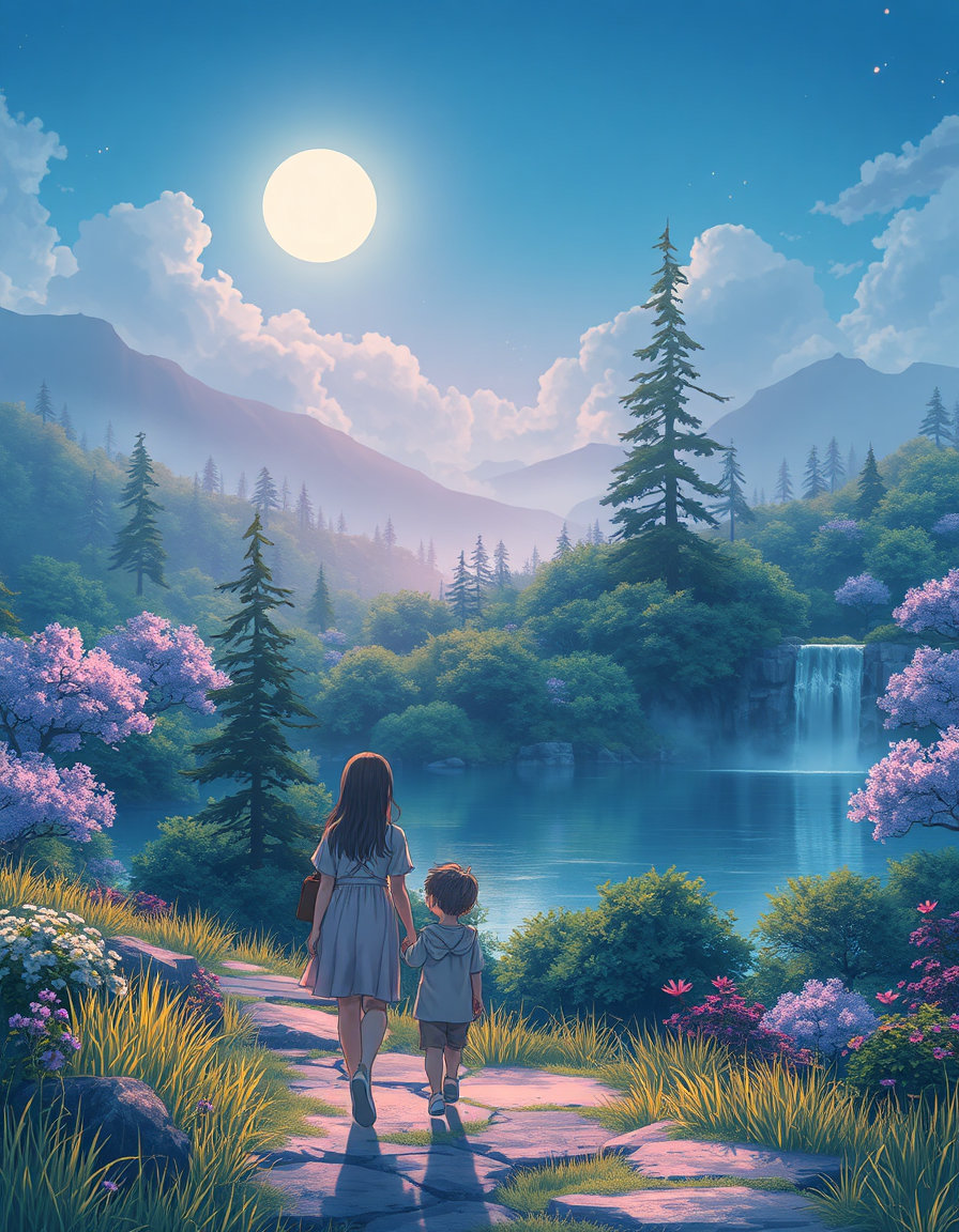 softly glowing moonlight casts an ethereal veil over a lush, vibrant fantasy landscape, where gentle rolling hills and towering dreamcore misty trees blend seamlessly with the serene anime style nature edits of a tranquil forest lake. the ambiance is set to ambient scenery videos, with a soothing cinematic quality reminiscent of ai scenery videos that transport the viewer to a realm of serenity. the visual style is heavily influenced by the ui_girly art style, with delicate pastel hues of baby pink, powder blue, and lavender adorning the landscape, accented by deep cherry red tones that evoke a sense of warmth and coziness. in the distance, a gentle waterfall cascades into the lake, creating a mesmerizing display of ai generated art videos that seem almost like 4k aesthetic reels come to life. against this breathtaking backdrop, a young couple, one girl and one boy, stroll hand-in-hand, their tender smiles and loving glances radiating warmth as they bask in the beauty of nature.