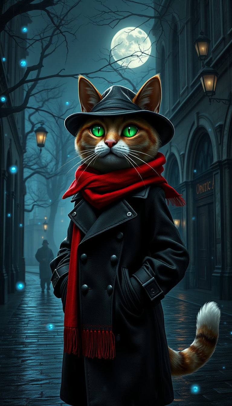 ## Style
- Medium: Digital painting, photorealistic CGI, 3D rendered fur simulation
- Technique: Hyper-realism, subsurface scattering, volumetric rendering, particle effects
- Rendering Approach: Ray tracing, global illumination, physically based rendering (PBR)
- Color Treatment: High saturation, complementary color scheme (emerald green against deep crimson and charcoal), chromatic aberration
- Value & Contrast: High dynamic range (HDR), deep blacks, bright specular highlights, low-key lighting
- Detail Density: Ultra-high fidelity, micro-texture resolution, macroscopic detail on fur and fabric
- Era / Movement: Contemporary fantasy, Neo-noir, Surrealism
## Subject
- Identity / Type: Anthropomorphic feline, stylized domestic cat, detective archetype
- Pose & Gesture: Three-quarter view, hands in pockets, stoic posture, slight head tilt
- Distinctive Features: Bioluminescent emerald green irises, pink nose, long white whiskers, white tail tip
- Clothing or Equipment: Black fedora with ostrich feather, red wool scarf with fringe, black leather trench coat with epaulets
- Scale & Proportion: Human-scale proportions, exaggerated head-to-body ratio typical of anthropomorphic character design
## Environment
- Location Type: Urban alleyway, cobblestone street, gothic architecture
- Time of Day: Nighttime, moonlit
- Weather & Atmosphere: Heavy rain, mist, fog, magical energy swirls
- Foreground Elements: Falling raindrops, glowing blue magical particles, wet pavement reflections
- Background Elements: Twisted tree branches, gas lamp, distant building silhouettes
- Architectural or Natural Features: Gothic arches, gnarled trees, cobblestone texture
## Mood
- Primary Emotional Tone: Mysterious, melancholic, magical, noir
- Energy Level: Low, contemplative, still
- Tension or Calm: Underlying tension from storm and magic, calm demeanor of subject
- Genre Association: Fantasy noir, magical realism, detective fiction
## Lighting
- Light Source(s): Bioluminescent magical swirls, distant gas lamp, moonlight, ambient rain reflection
- Direction: Frontal and slightly elevated, side lighting from magical swirls
- Quality (Hard / Soft): Mixed — hard specular highlights on raindrops, soft ambient fill from magical glow
- Color Temperature: Cool blue tones from magic and rain, warm amber from gas lamp, green from eyes
- Key-to-Fill Ratio / Contrast: High contrast, dramatic key light from magical swirls, minimal fill
- Shadow Character: Deep, soft-edged shadows, volumetric shadows from rain
- Atmospheric Light Effects: God rays, volumetric fog, caustic reflections on wet surfaces
## Composition
- Framing & Crop: Medium close-up, vertical orientation, subject centered
- Camera Angle: Slightly elevated, eye-level with subject
- Subject Placement: Central axis, balanced composition
- Compositional Rules in Use: Rule of thirds (eyes aligned), symmetry, leading lines from magical swirls
- Depth Layers: Foreground (raindrops), midground (subject), background (trees, lamp, buildings)
- Negative Space: Minimal — filled with atmospheric elements and magical swirls
## Texture
- Primary Materials: Wet leather, wool fabric, synthetic fur, glass-like raindrops, magical energy
- Surface Quality: Highly detailed, micro-textured, realistic material response
- Reflectivity & BRDF Character: Anisotropic specular on leather, glossy wet surfaces, diffuse fur, emissive magical particles
- Wear, Patina, & Imperfections: Water droplets on coat, slight fraying on scarf, natural fur clumping, rain-slicked surfaces
## Camera
- Shot Type: Portrait shot, medium close-up
- Implied Focal Length: 85mm-equivalent, shallow depth of field
- Depth of Field & Aperture Feel: f/1.4-equivalent, subject in sharp focus, background softly blurred
- Bokeh Character: Circular bokeh from gas lamp, soft out-of-focus raindrops
- Lens Artifacts: Slight chromatic aberration, subtle lens flare from magical swirls