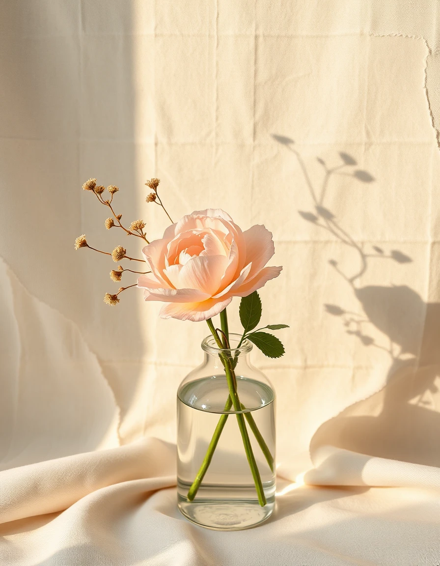 Luxury botanical editorial photography, a single pale blush ranunculus flower with a few delicate green leaves and airy wildflower stems, arranged in a handcrafted clear glass vase filled with water, soft cream textured backdrop with subtle torn paper edge details, warm golden morning sunlight casting artistic window shadows across the scene, minimal Scandinavian styling, organic ivory linen fabric, refined neutral beige and cream palette, sophisticated magazine cover composition, serene atmosphere, delicate floral elegance, cinematic natural lighting, soft shadows, premium lifestyle branding aesthetic, high-end Pinterest aesthetic, fine art floral photography, ultra realistic, Hasselblad medium format, shallow depth of field, realistic flower textures, elegant negative space
--ar 3:4 
--v 8.1