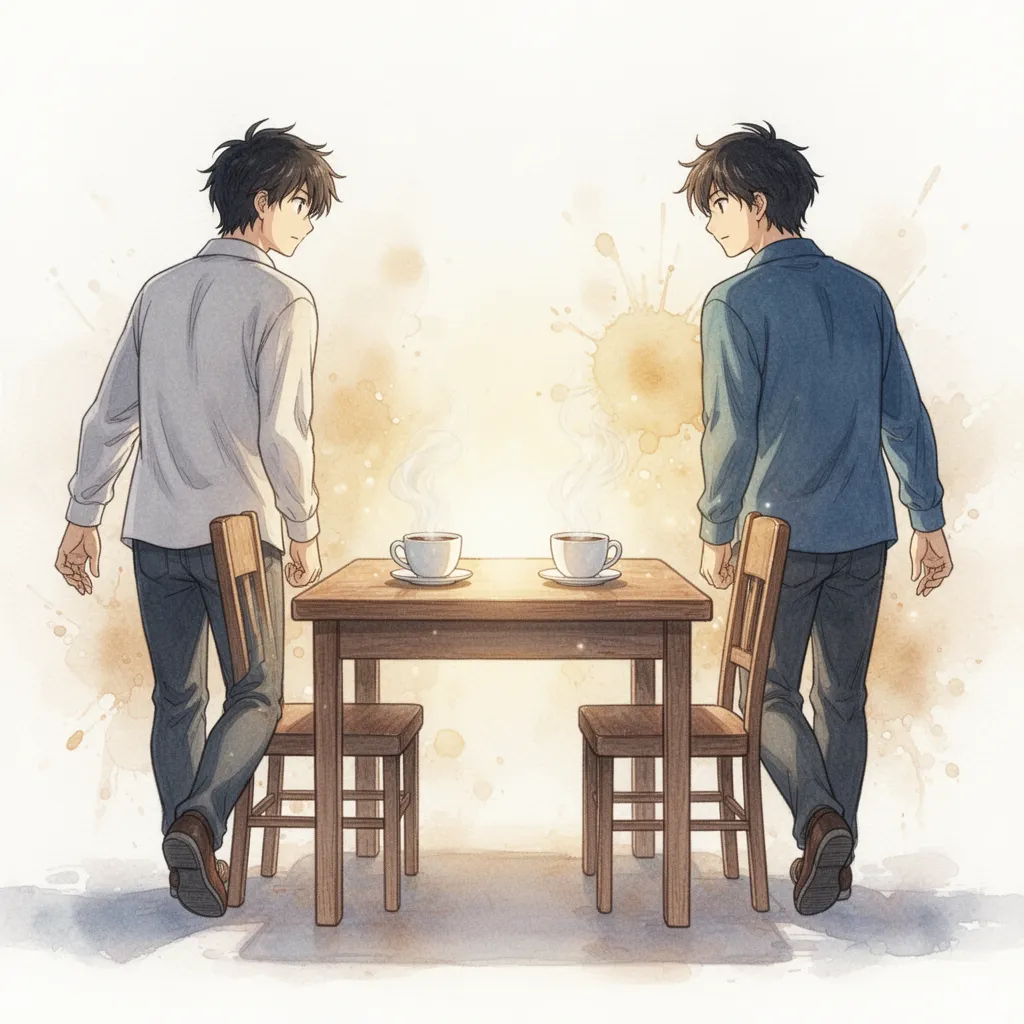 A wooden table with two chairs facing each other, two coffee cups on the table with visible steam rising, both cups still warm, two young adults around 25 years old visible from behind walking away in opposite directions, both with slightly dropped shoulders and hesitant posture as if they want to turn back but don't, the table and cups in the center of the image perfectly set but abandoned, warm soft light illuminating the table and the steam from the cups, white background with subtle warm amber and golden watercolor stains, no complex background, simple and clean environment, soft watercolor illustration style, anime style realistic proportions, mature adult facial features, Studio Ghibli inspired, deeply emotional and melancholic atmosphere, vivid but soft clothing colors, expressive body language, full body characters, high quality illustration, no chibi, no children, adult characters only, clean and symbolic composition.
