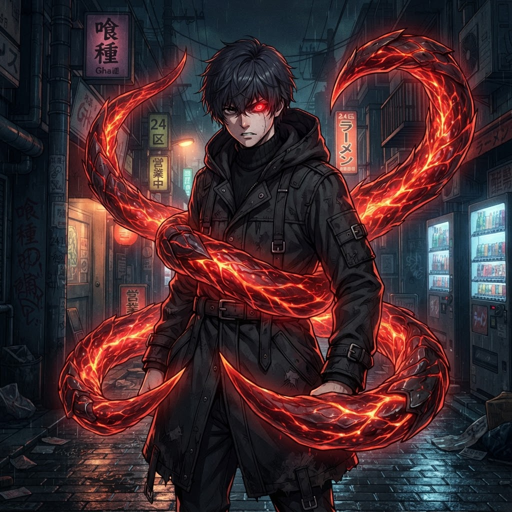 original Tokyo Ghoul style anime OC, rinkaku kagune tendrils coiling around a fierce anime character, glowing red kakugan eye, dark hooded coat, rainy Tokyo alley