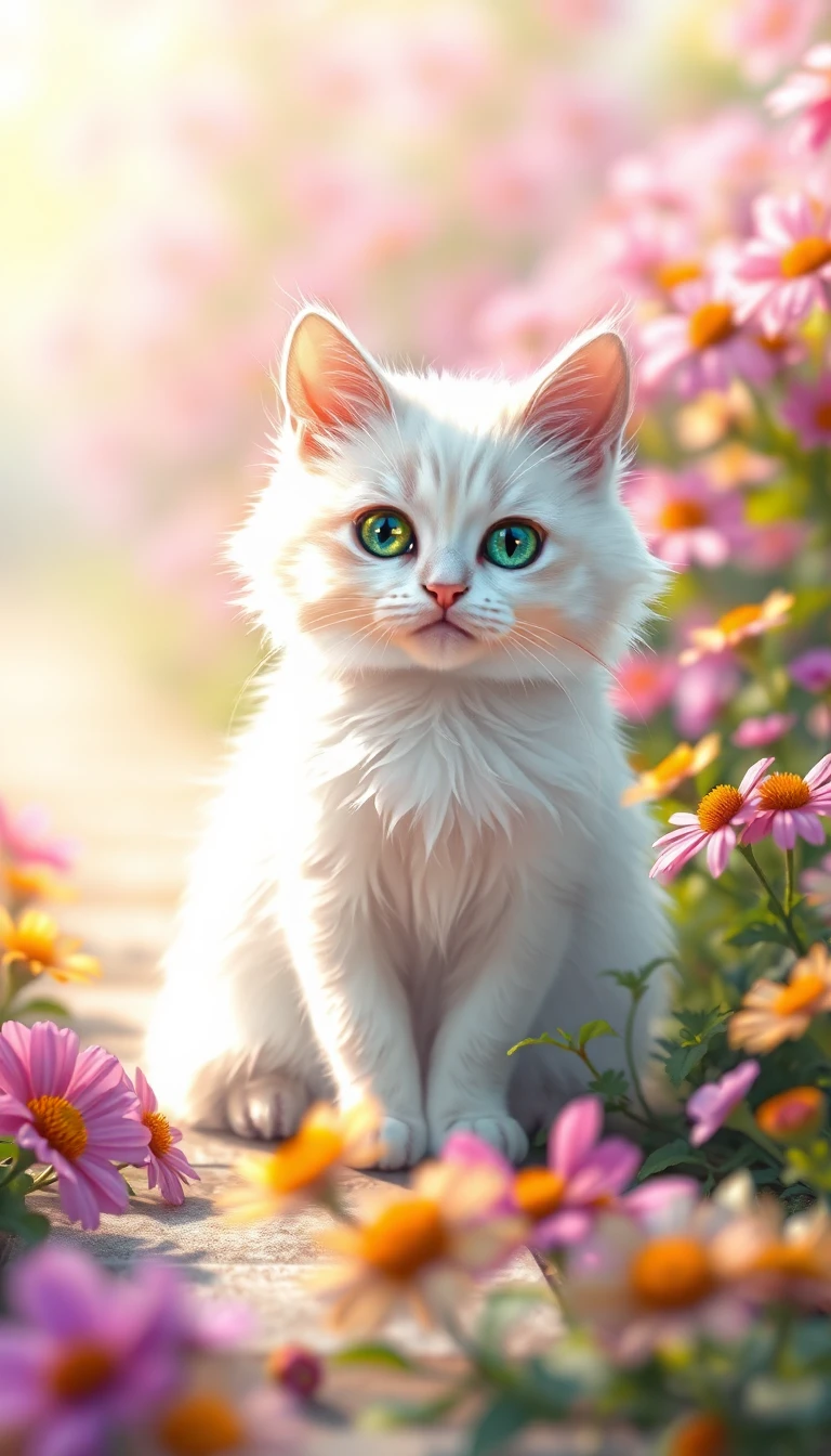 cute fluffy white cat with green eyes sitting on a sunlit garden path, surrounded by vibrant pink, purple, and yellow flowers, soft focus background, anime art style, gentle morning light, shallow depth of field, 85mm portrait lens, peaceful mood, detailed fur texture, whimsical atmosphere