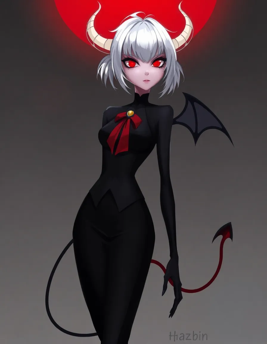 Hazbin hotel art style,woman, tall and slim body, demon, silver hair, short hair but the bangs long