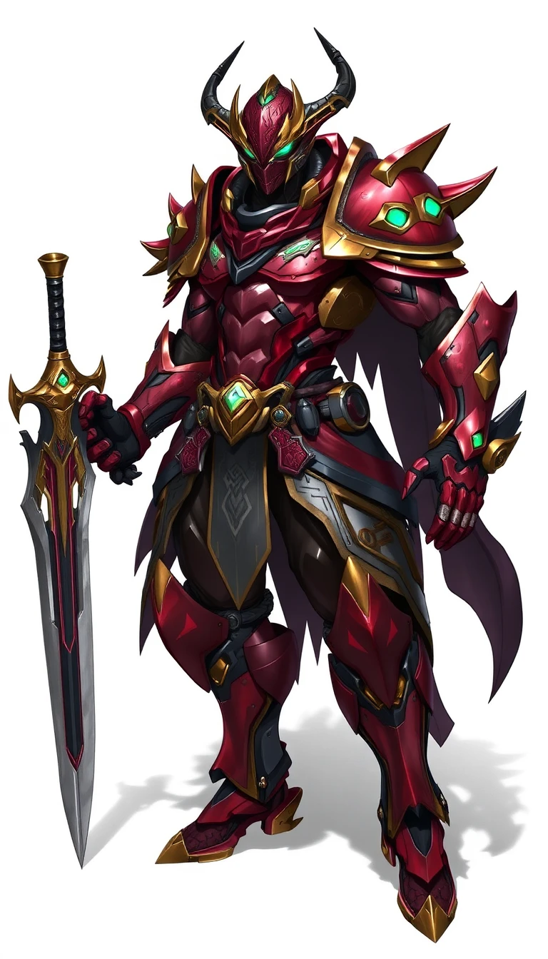 Create a highly detailed and dynamic digital illustration of a **warrior in futuristic, organic armor**, standing in a fighting stance, holding a **sword or power blade** in their right hand, with their **left hand raised** as if to invoke power or prepare for an attack. The character should have a **powerful and muscular build**, with **segmented and asymmetrical armor**, combining **organic elements** (such as scales, horns, or growths) and **mechanical or technological components** (metal plates, visible joints, geometric patterns). The armor should be dominated by **shades of dark red, black, and gold**, with **accents of emerald green or turquoise** for energy details or gems. Add **distinctive elements**: a **helmet or mask** with **curved horns or pointed extensions**, **shoulder guards and arm guards** adorned with **blades or spikes**, a **wide belt** with **engraved symbols or designs**, and **reinforced greaves and boots**. The **hands should be equipped with gauntlets** featuring **mechanical details or claws**, and the **shoulders should bear stylized protrusions or wings** to enhance the menacing appearance. The **sword should be long and elegant**, with a **wave-shaped or saw-toothed blade**, and a **hilt decorated with designs or gems**. Use **clean, precise lines** for the outlines of the armor and limbs, and **light and shadow effects** to emphasize the volume and depth of the pieces. The background should be **neutral (white or slightly gradient)** to highlight the character and its intricate details. The image should evoke an atmosphere of **power, advanced technology, and mystery**, like concept art for a science fiction video game, a mecha character, or an illustration of a futuristic warrior, where every detail reinforces the impression of **strength, determination, and innovative design**. 9:16 aspect ratio.