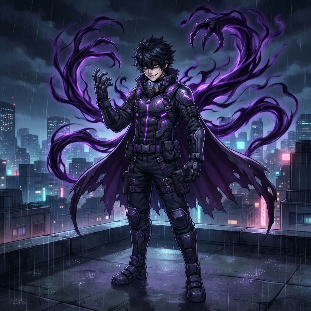 original My Hero Academia style anime villain OC, young man with a shadow manipulation quirk, dark purple shadow tendrils rising behind him, mysterious grin, dramatic villain costume, MHA anime art style