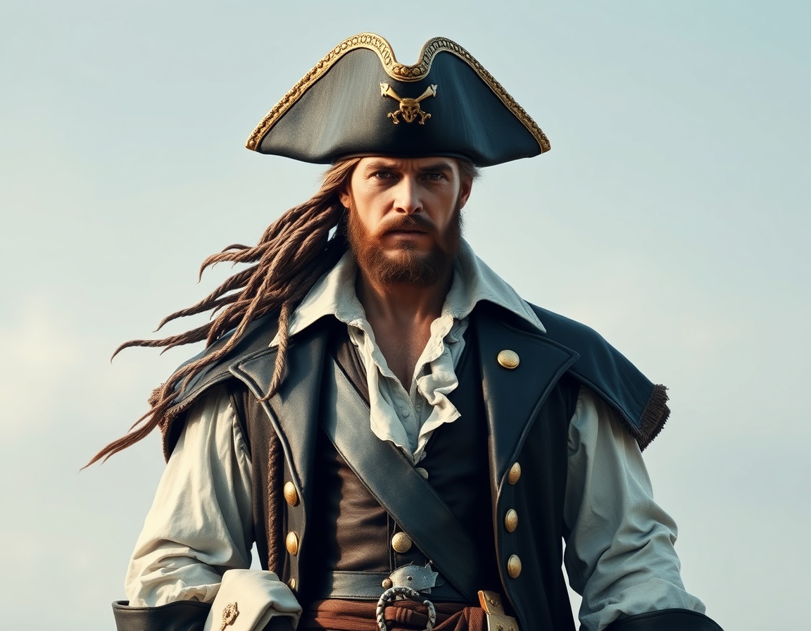 a majestic pirate captain, embodying the spirit of adventure and command. the pirate captain is a strong, determined, and charismatic leader of the high seas. the captain is dressed in an elaborate, historically accurate pirate outfit, with a tricorn hat adorned with golden trim, a billowing white shirt, a weathered leather vest, and a long, elegant coat.