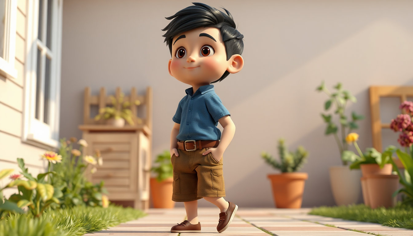 **Identity / Type:** biped, anthropomorphic child, stylized 3D character, Pixar-esque aesthetic, rendered in octane render

generate a video in which person in reference image is walking in home garden and add funny sound. 

**Pose & Gesture:** three-quarter view, contrapposto stance, hands in pockets, relaxed posture, slight hip rotation, weight shifted to left leg

**Distinctive Features:** large expressive eyes, arched eyebrows, short tousled black hair, rosy cheeks, stylized facial proportions, simplified nose and mouth, smooth skin texture with subsurface scattering

**Clothing or Equipment:** blue short-sleeved button-up shirt, brown cargo shorts, brown belt, white undershirt visible at collar

**Scale & Proportion:** exaggerated head-to-body ratio, chibi-style proportions, elongated limbs relative to torso, stylized anatomy

**Orientation:** standing upright, facing slightly right, head turned toward viewer, body angled in three-quarter pose

**Spatial Relationship to Frame:** centered horizontally, full-body shot, subject occupies mid-ground, background elements recede behind, no occlusion of subject by foreground objects