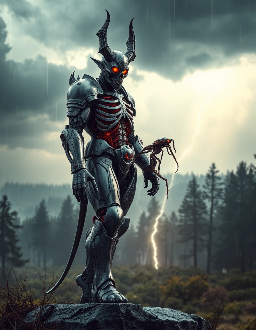 armored warrior demon knight, bio‑mechanical entity with exposed ribcage, glowing amber eyes, skull mask and red organic inserts, accompanied by a microscopic mechanical scout drone with copper plating examining the demon knight's leg, standing in a full‑body neutral pose, viewed from an elevated angle with the figure far in the distance as the thunderstorm backdrop stretches into a dramatic landscape, rendered in a 3d digital sculpture style with subsurface scattering, pbr, ray‑traced photorealism; set in a primordial forest engulfed by a dynamic thunderstorm, turbulent clouds, electric lightning and heavy raindrops illuminated by a single flash of ambient light; monochromatic silver‑grey metal and crimson accents under three‑point lighting, soft diffused key, hard rim, high contrast shadows; central composition, eye‑level view adjusted to a high perspective, intricate ornamentation and hyper‑detailed micro‑textures, menacing yet majestic mood.