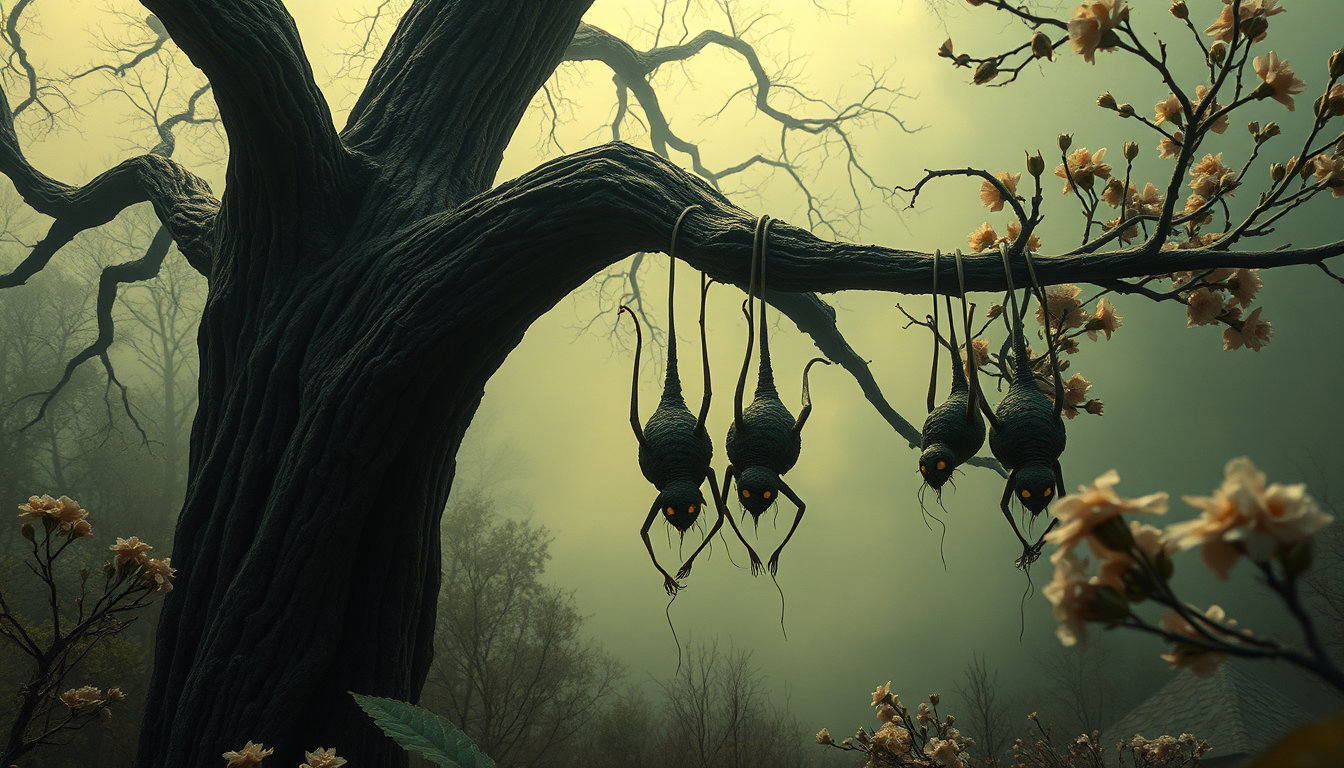 in a hauntingly realistic scene, a majestic tree stands tall, its gnarled branch stretching out like a skeletal finger, against a background rendered in the style of digital oil painting with vibrant, hyper-realistic hues that seem almost three-dimensional. the atmosphere is dimly illuminated by soft diffused light that casts long, eerie shadows, emphasizing the twisted, spindly forms of creatures hanging upside down from the branch, their beady eyes glowing with an otherworldly light in the style of j.c. leyendecker's vintage depictions. the creatures themselves appear as if painted with the delicate, textured strokes of paintery medium, their feathers ruffled and twisted, like they've been plucked from a fever dream. surrounding them, the air is heavy with the sweet, sickly scent of blossoming flowers, their petals drooping in muted earth tones, subtle greens, and soft pastels, like a diseased orchard in bloom. in the distance, a delicate otherworldly mist swirls through the gothic-inspired background, like a chilling reminder of the dark secrets that lurk in the shadows. the camera captures a medium shot, set at the precise 42 mm focal length, that feels both hyper-realistic and eerily stylized, inviting the viewer to ponder the mystery and subtle horror that pervades this haunting scene.