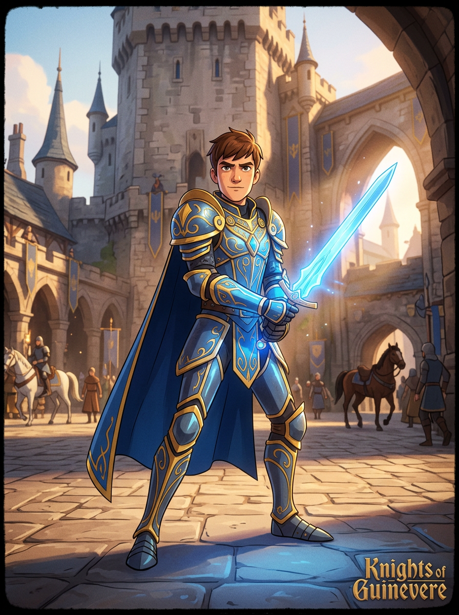 Original character for the animated series Knights of Guinevere: a heroic young knight in ornate blue and gold plate armor holding a glowing sword, full body, stylized 3D animation, vibrant cinematic lighting, medieval castle courtyard background